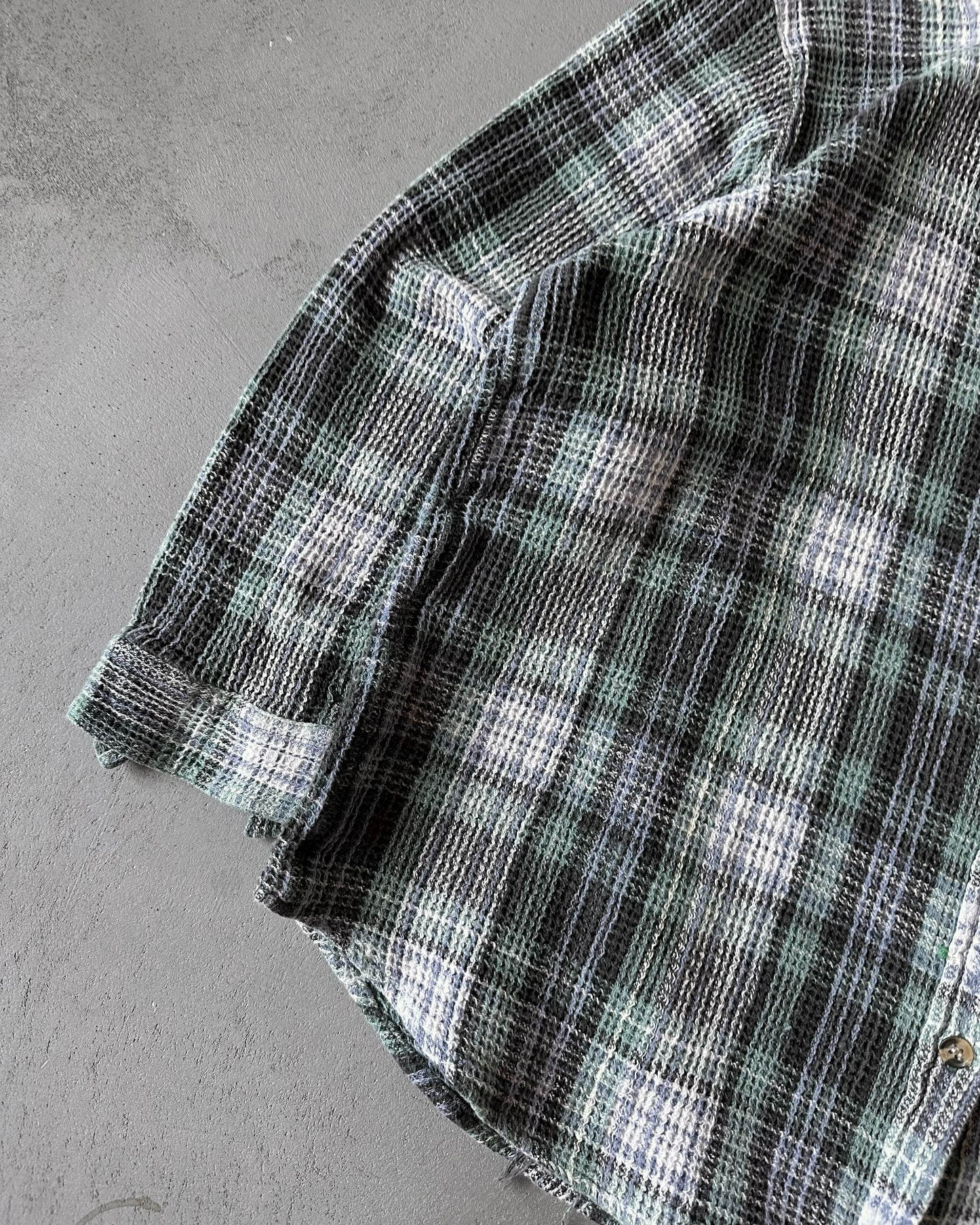 1990s - Green/Blue Waffle Plaid Women's Shirt - (W)M/L