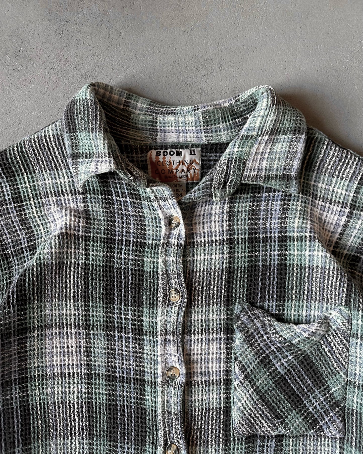 1990s - Green/Blue Waffle Plaid Women's Shirt - (W)M/L