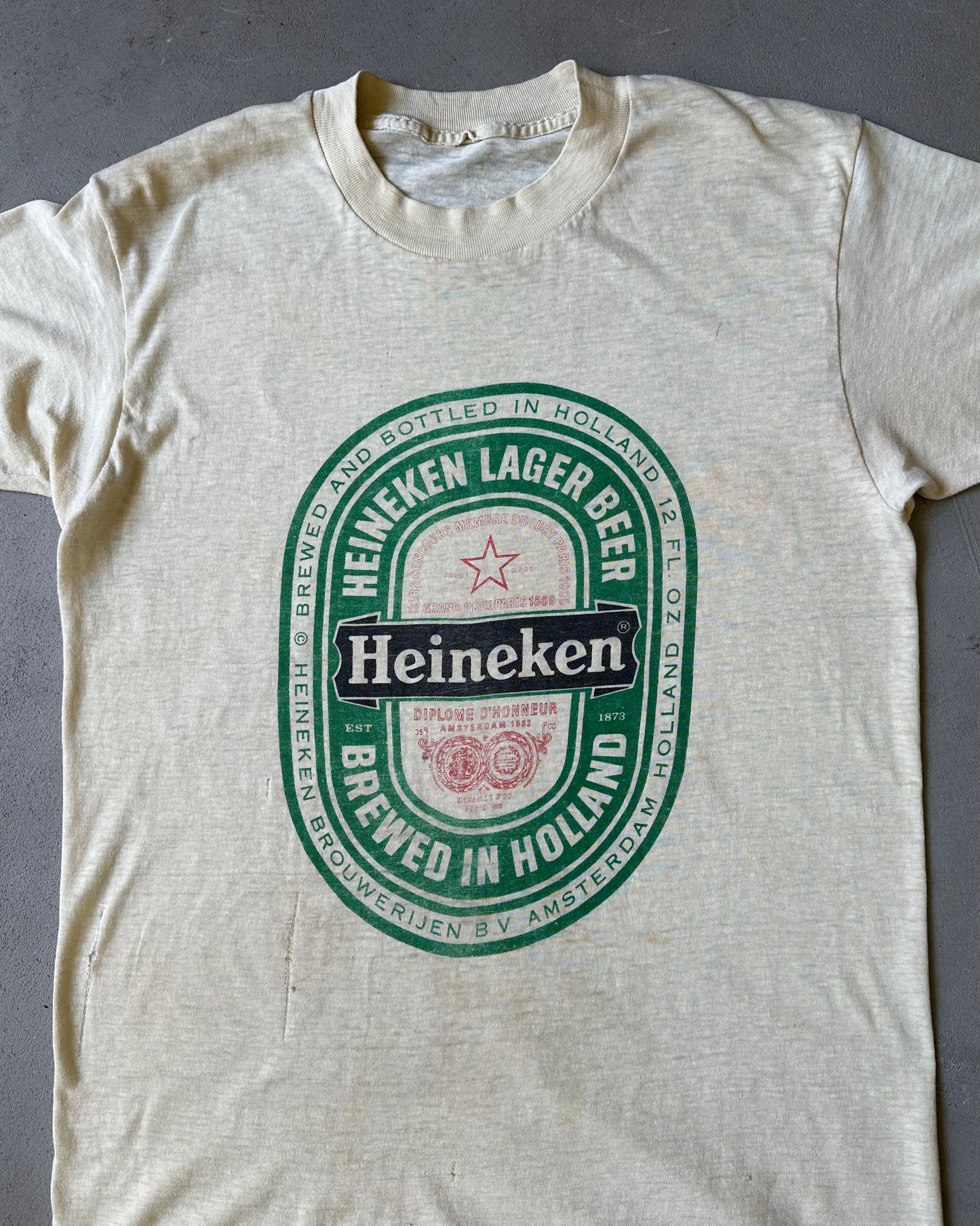 1980s - Distressed Cream Heineken T-Shirt - S/M