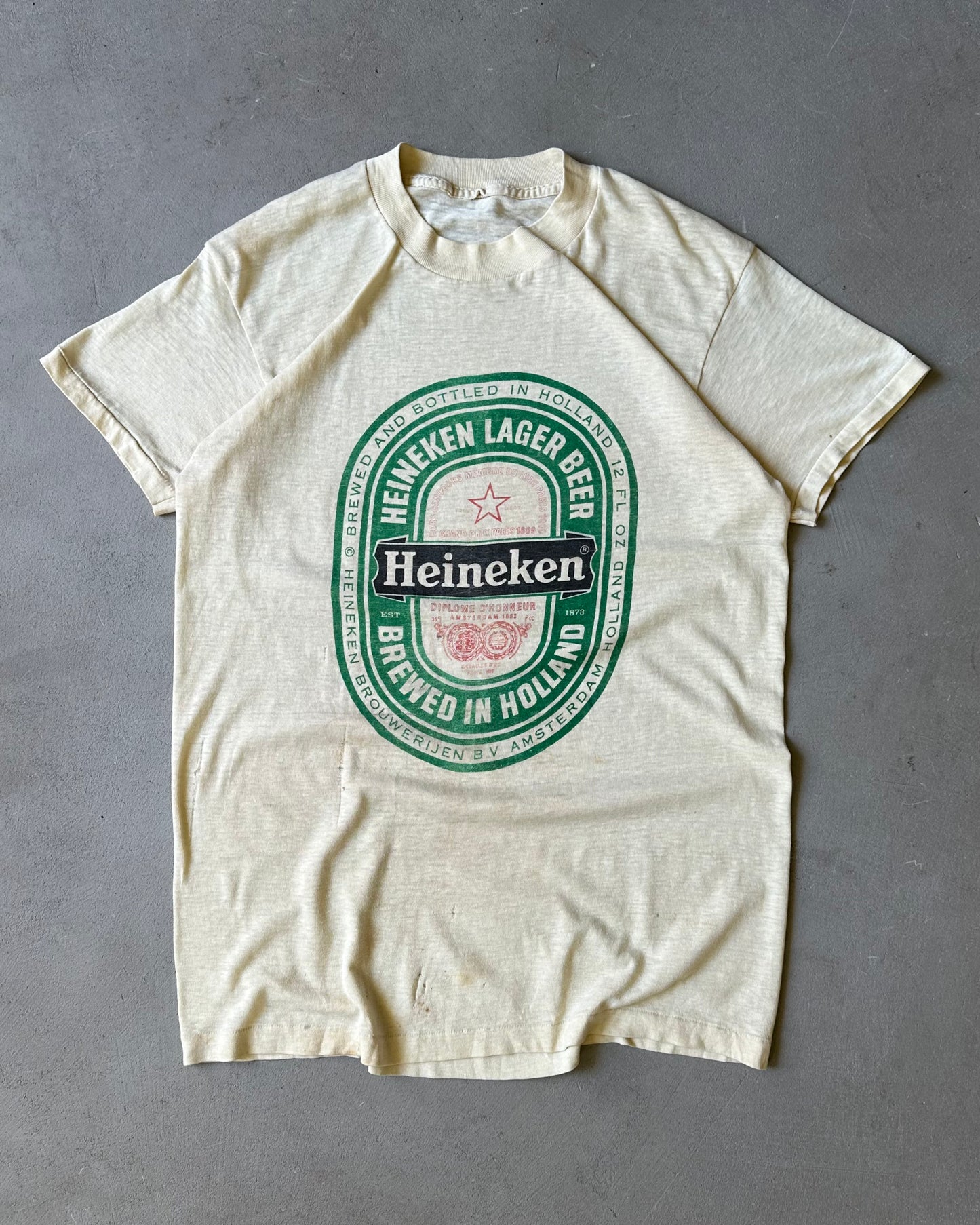 1980s - Distressed Cream Heineken T-Shirt - S/M