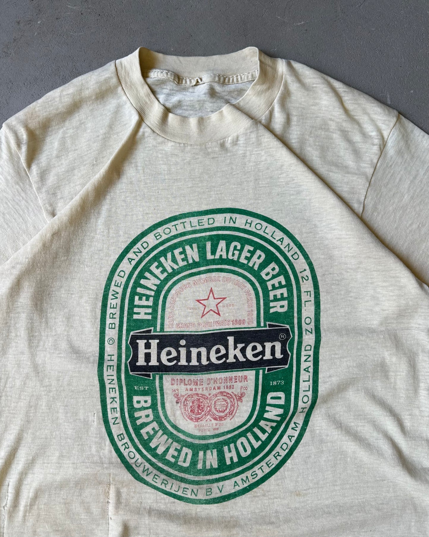 1980s - Distressed Cream Heineken T-Shirt - S/M