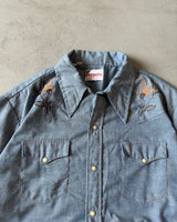 1980s - Chambray Embroidered Pearl Snap Shirt - XL