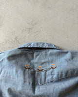 1980s - Chambray Embroidered Pearl Snap Shirt - XL