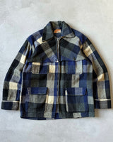 1960s - Navy/Charcoal Plaid Wool Shacket - L