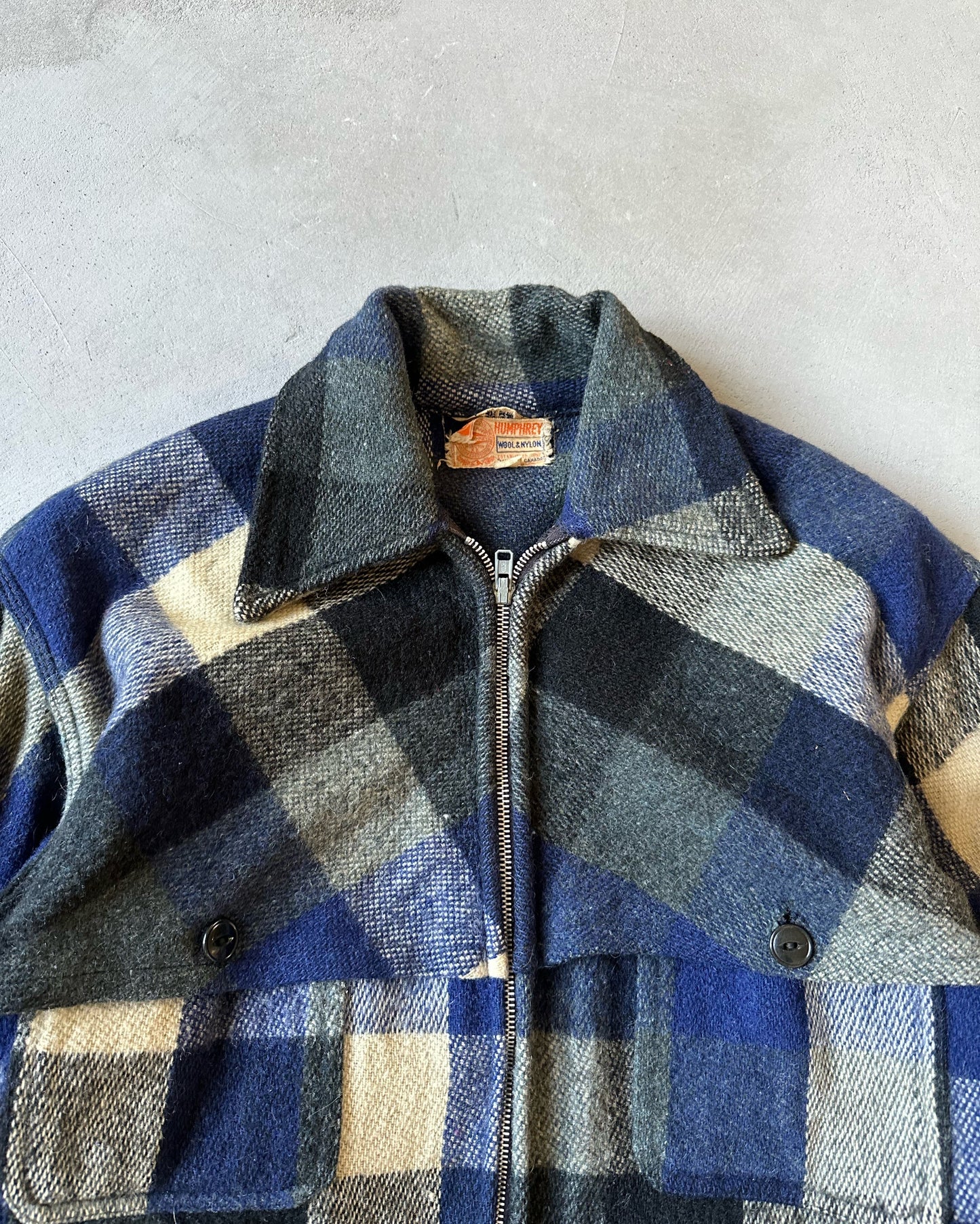 1960s - Navy/Charcoal Plaid Wool Shacket - L