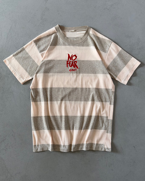 1990s - Grey/Pink No Fear Striped T-Shirt - M