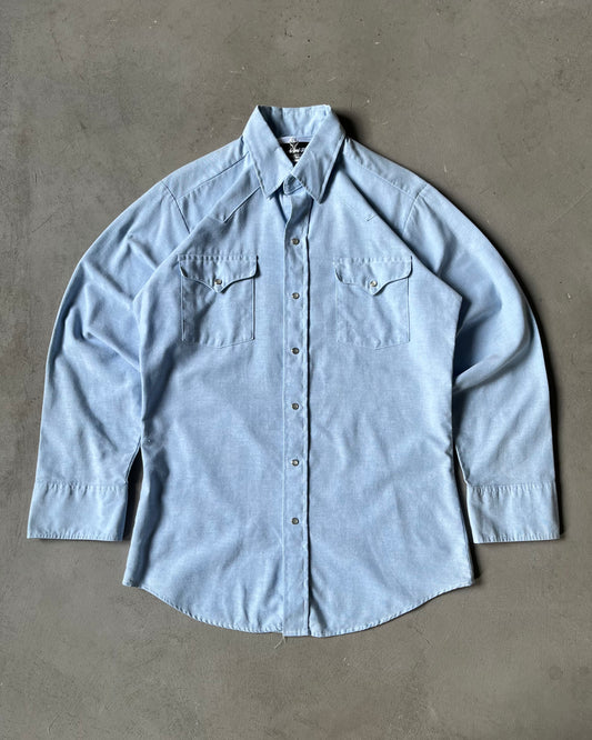 1980s - Blue Oxford Pearl Snap Shirt - S/M