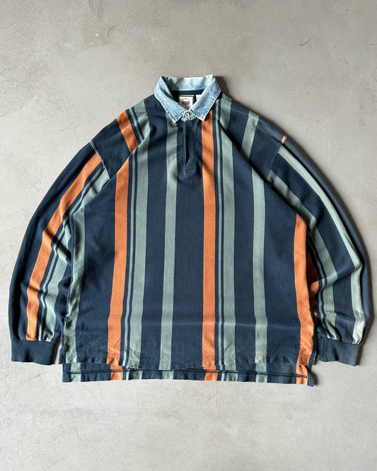 1990s - Navy/Orange Levi's Striped Rugby Polo - L/XL