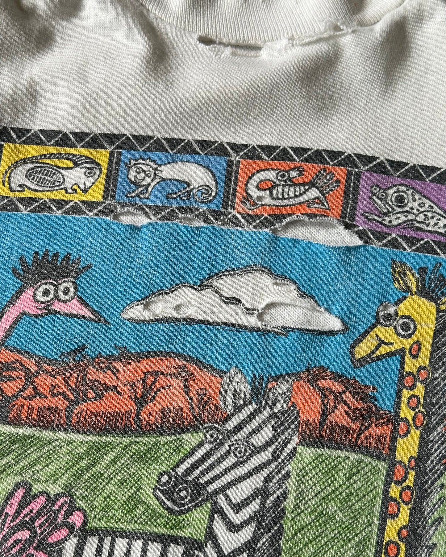1990s - Distressed White Safari T-Shirt - XL