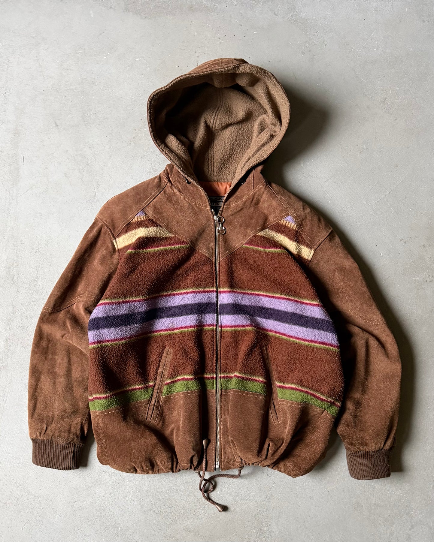 1990s - Brown/Multi Striped Suede Hooded Bomber Jacket - L