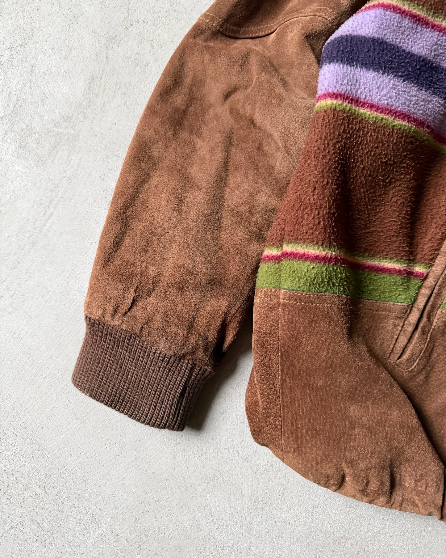 1990s - Brown/Multi Striped Suede Hooded Bomber Jacket - L