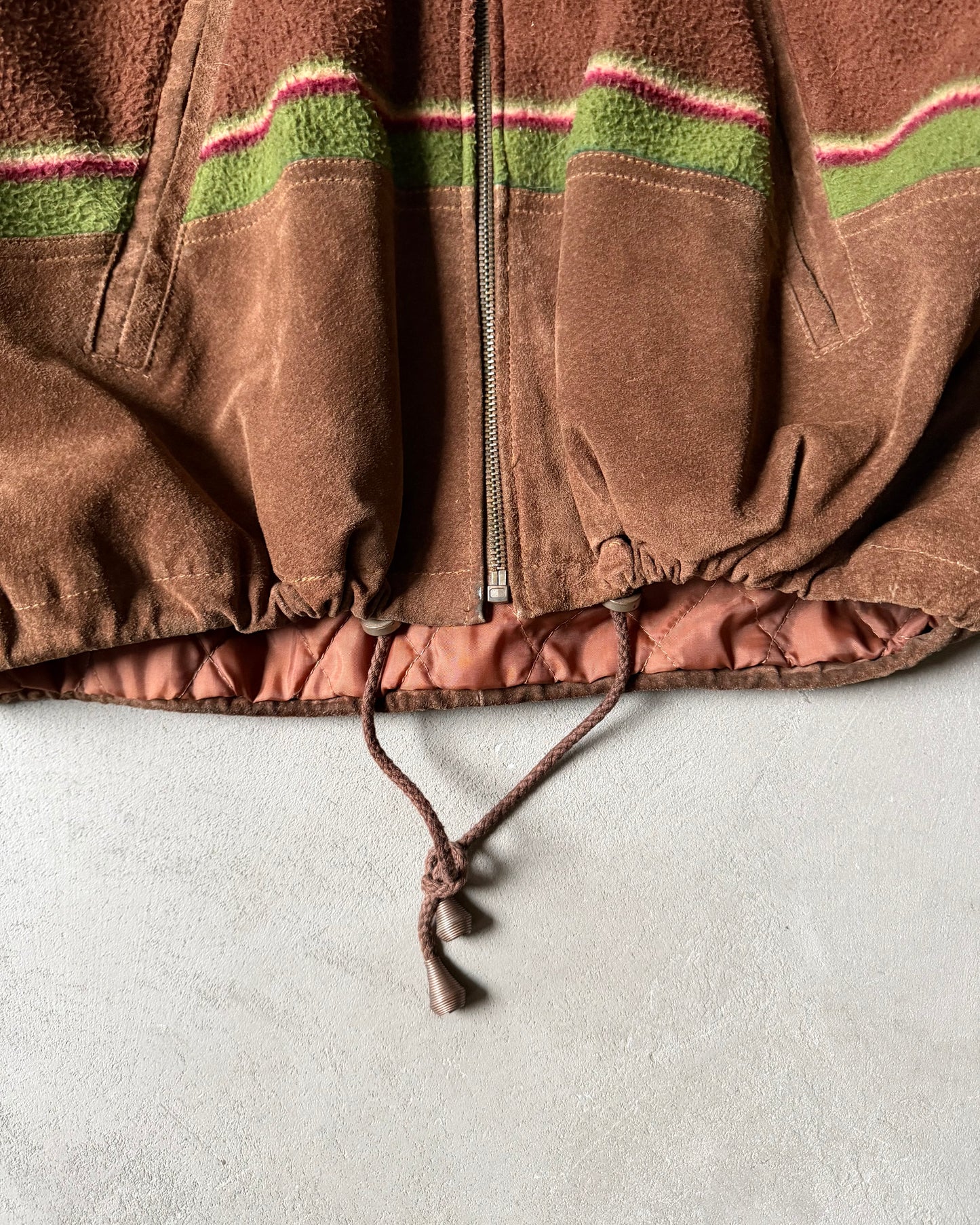 1990s - Brown/Multi Striped Suede Hooded Bomber Jacket - L