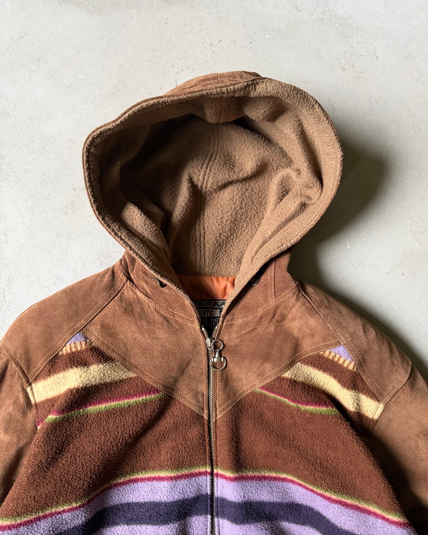 1990s - Brown/Multi Striped Suede Hooded Bomber Jacket - L