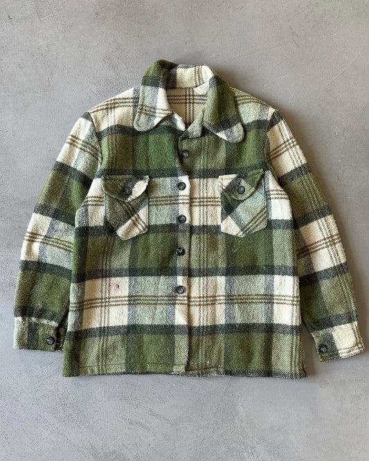 1970s - Sage Green/Cream Plaid Wool Shacket - S/M