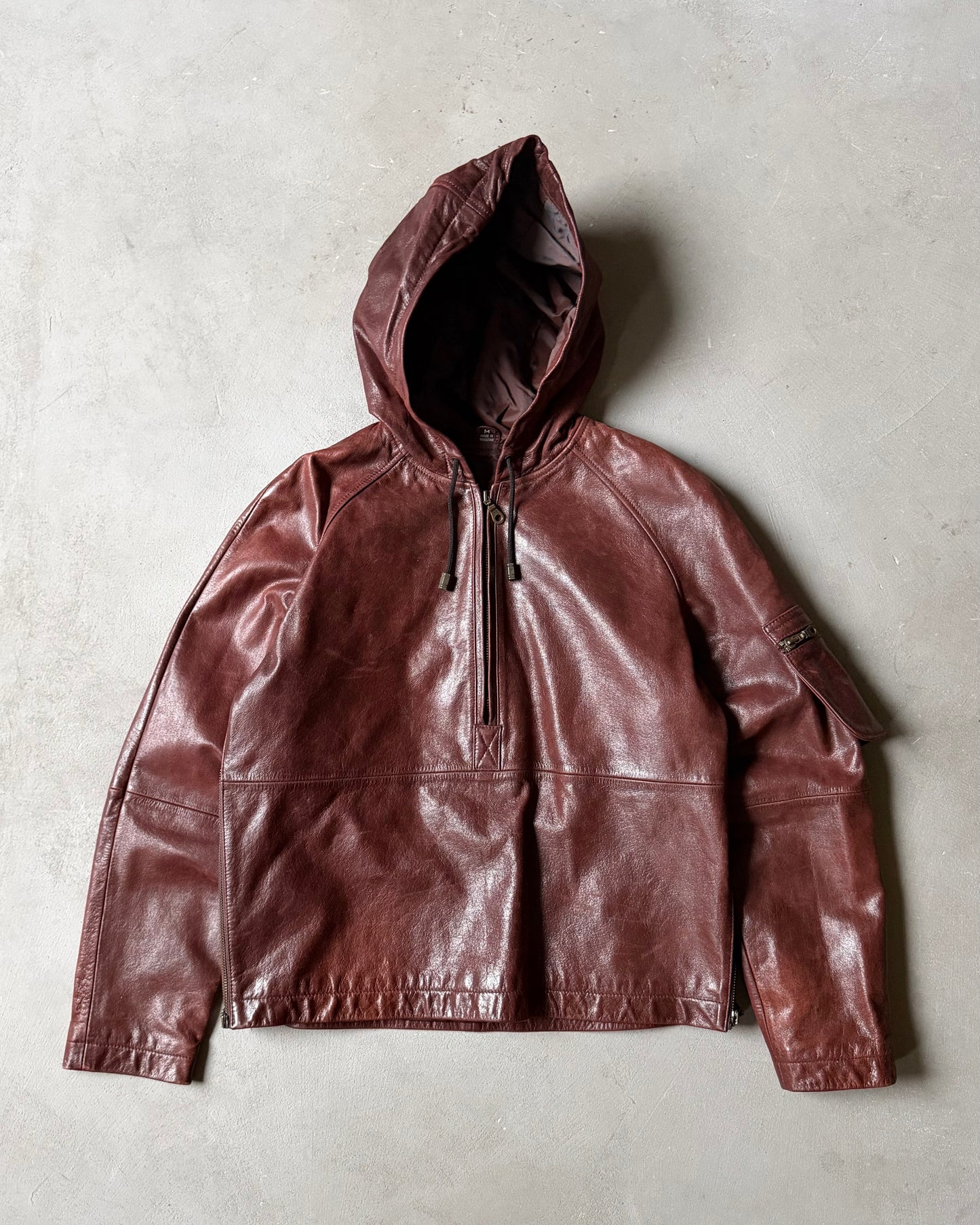 1990s - Distressed Burgundy Leather Hoodie - (W)M