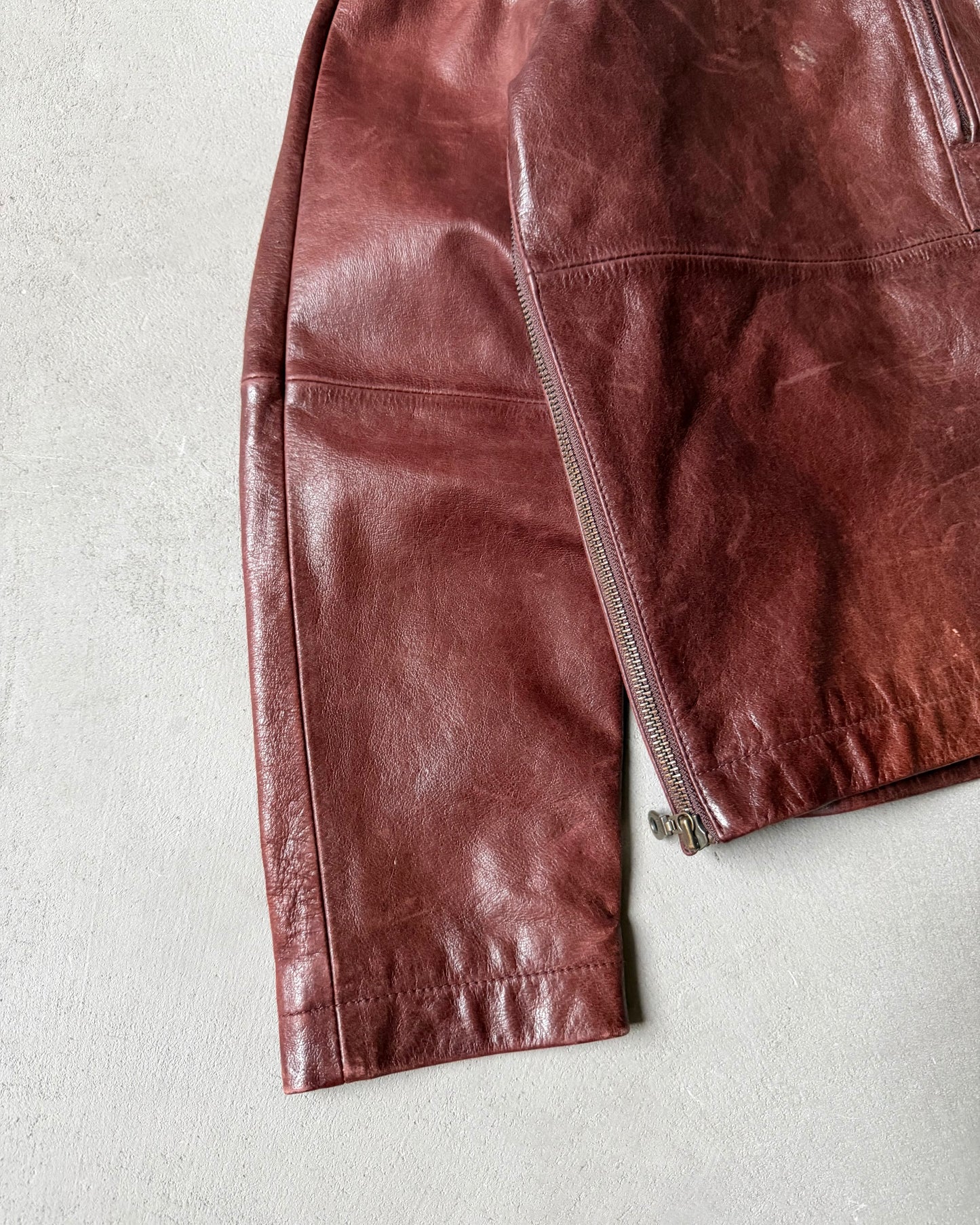 1990s - Distressed Burgundy Leather Hoodie - (W)M