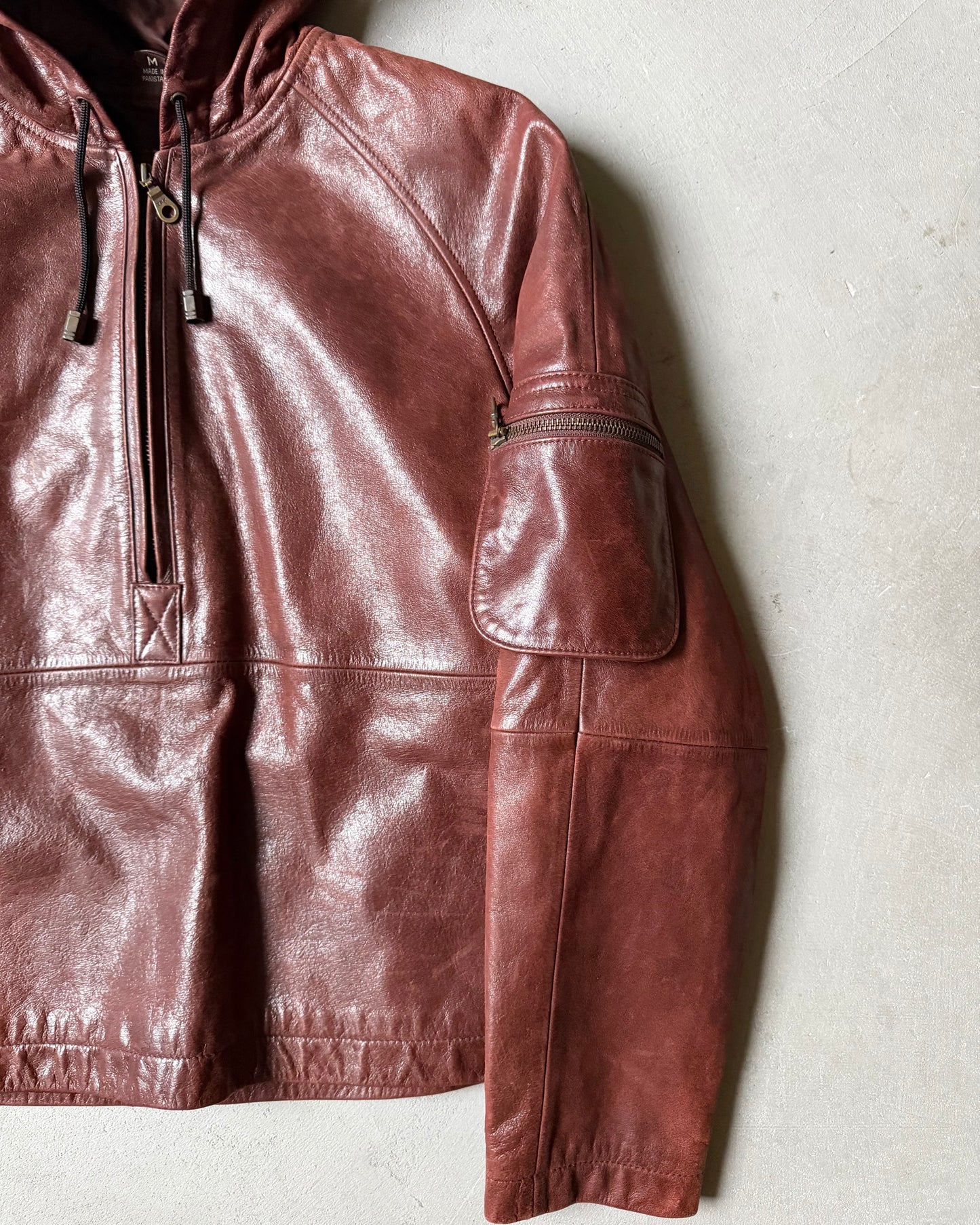 1990s - Distressed Burgundy Leather Hoodie - (W)M