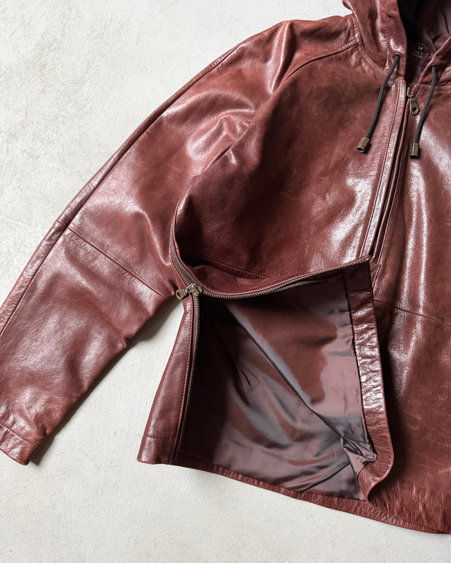 1990s - Distressed Burgundy Leather Hoodie - (W)M