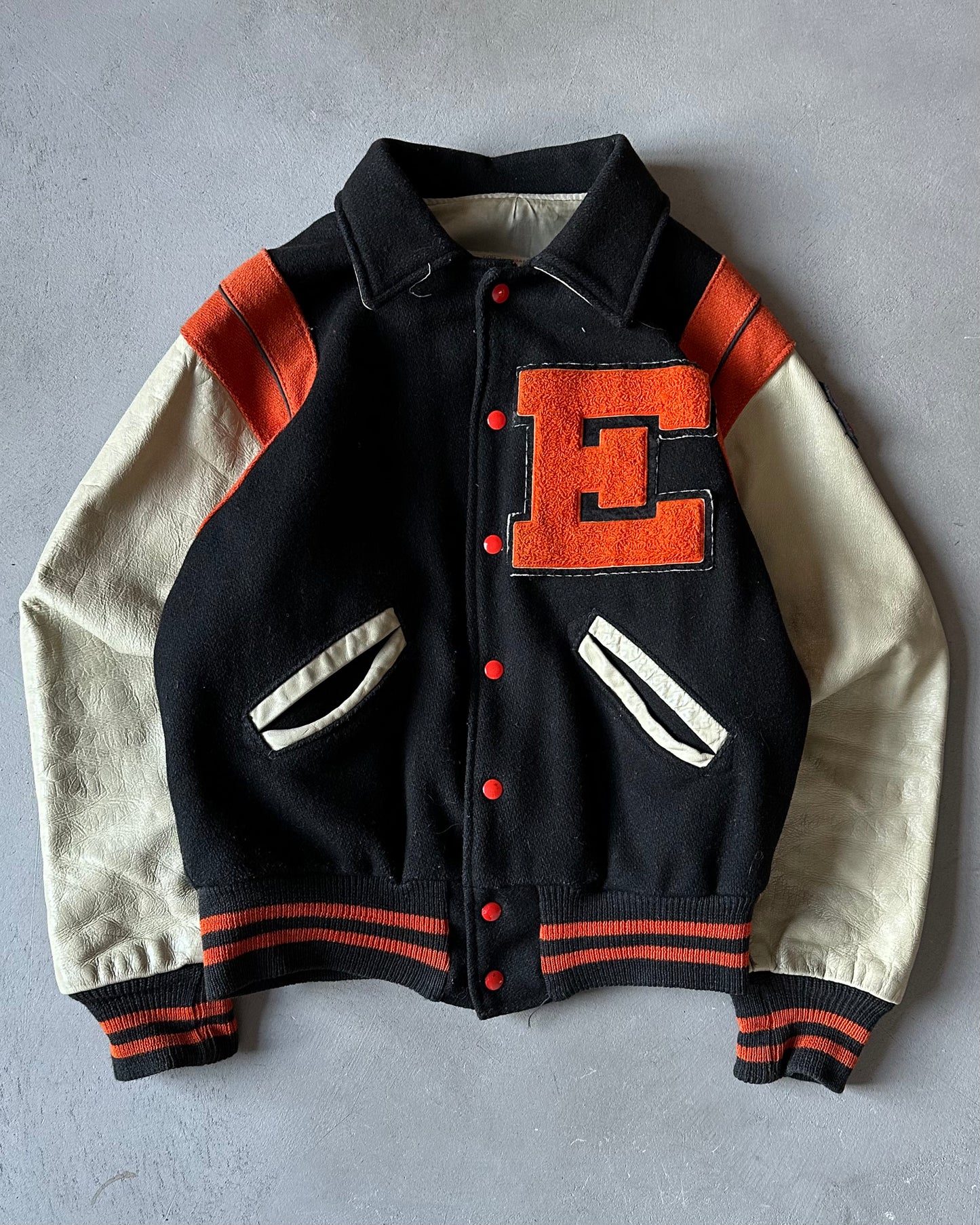 1960s - Black/Orange "E" Varsity Jacket - S/M