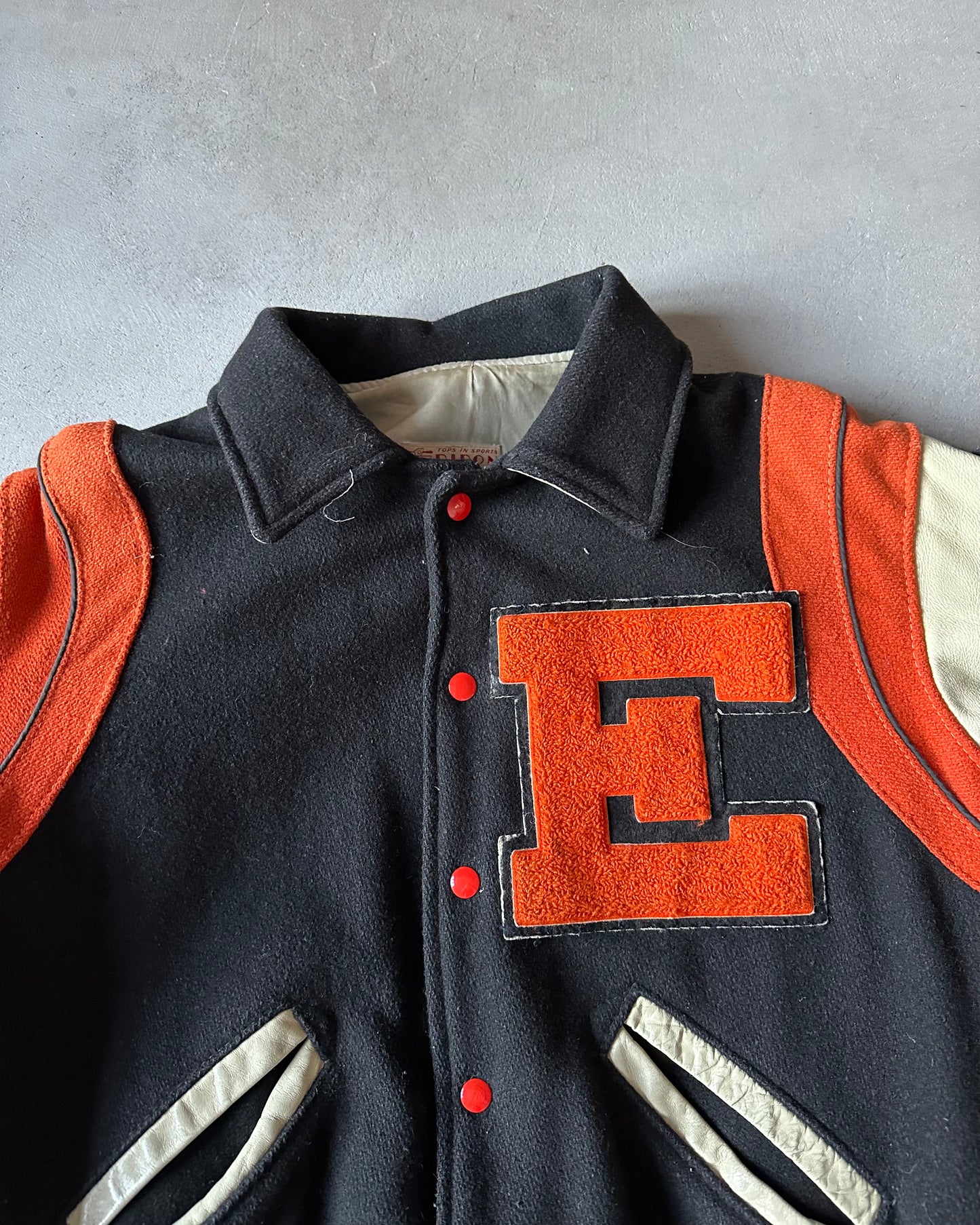 1960s - Black/Orange "E" Varsity Jacket - S/M