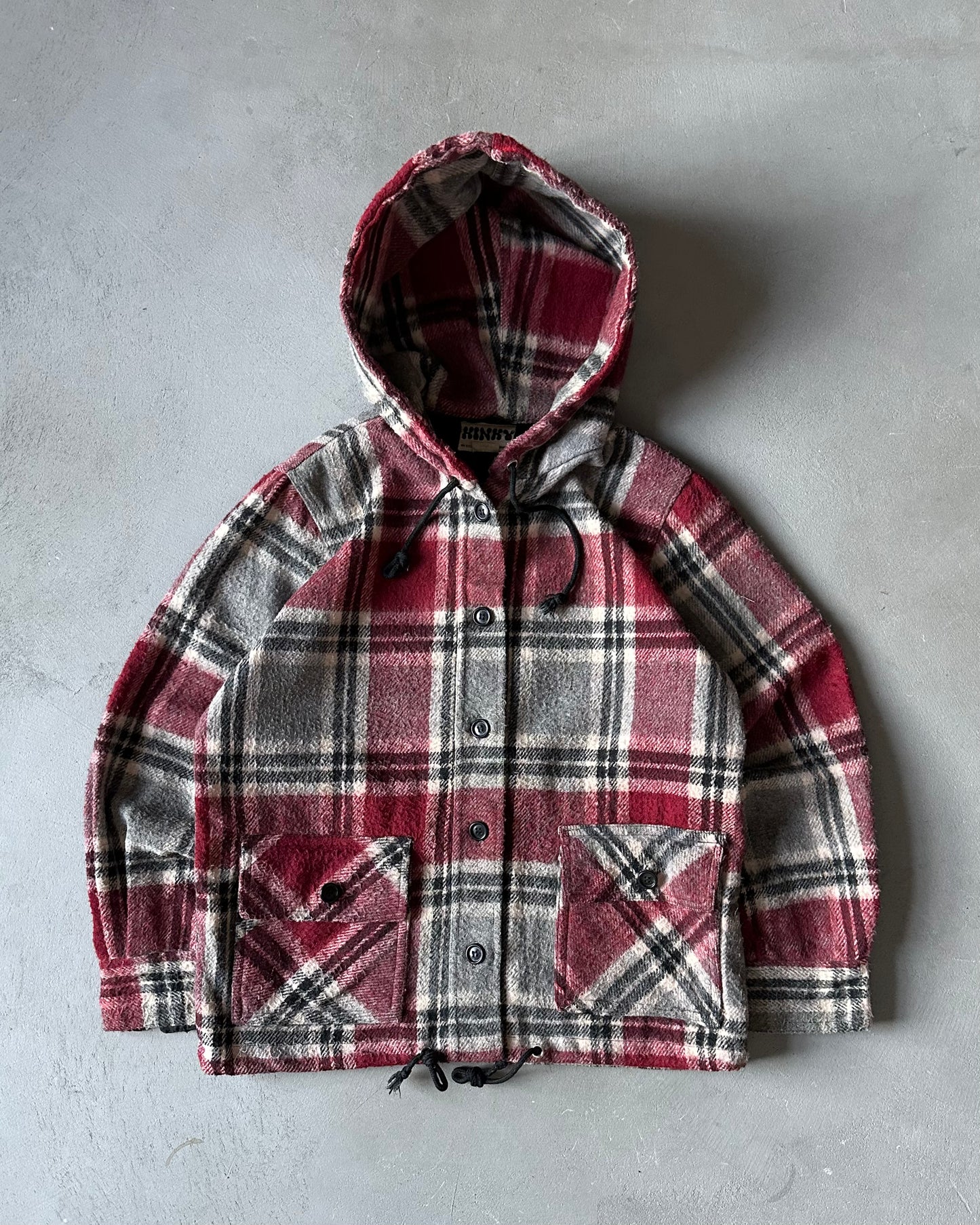 1970s - Red/Grey Kinky Plaid Hooded Light Jacket - (W)S