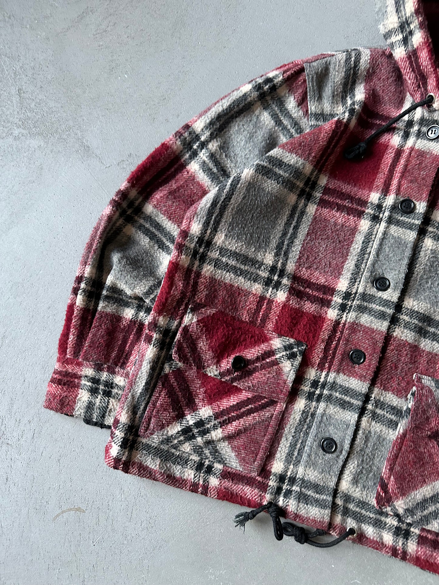 1970s - Red/Grey Kinky Plaid Hooded Light Jacket - (W)S