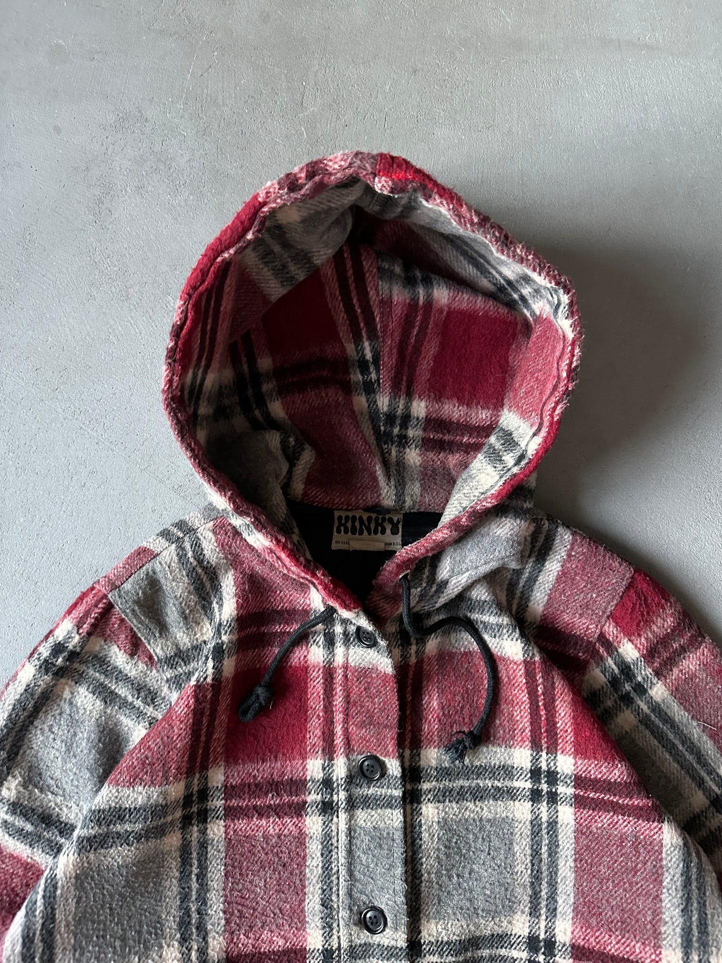 1970s - Red/Grey Kinky Plaid Hooded Light Jacket - (W)S