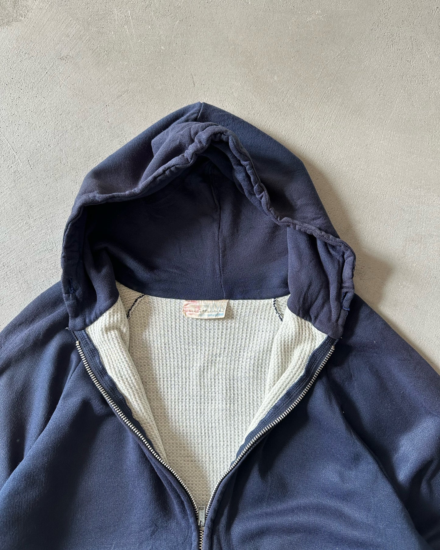 1980s - Navy Acrylic Thermal Zip-Up Hoodie - S/M