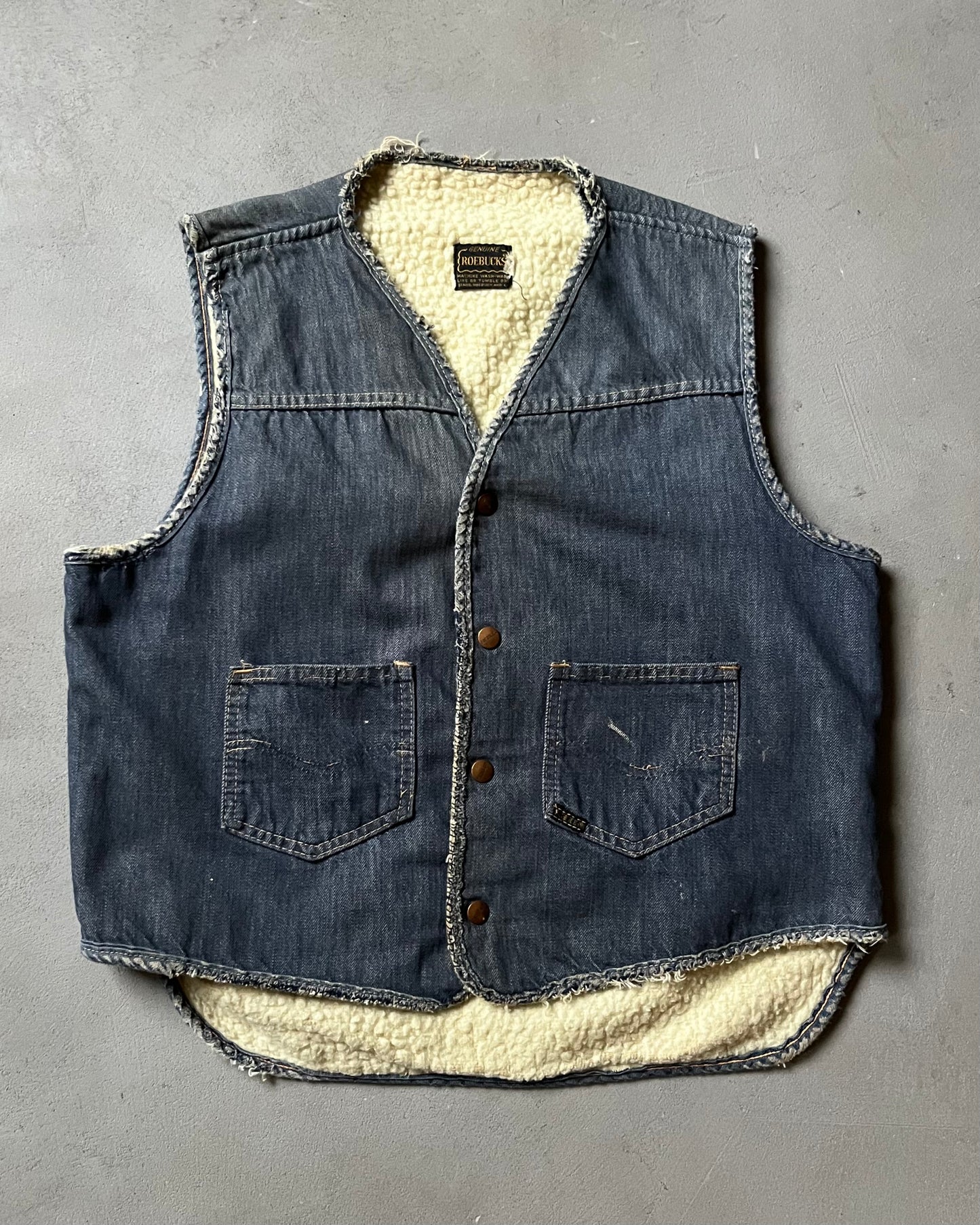 1970s - Distressed Roebucks Sherpa Denim Vest - M