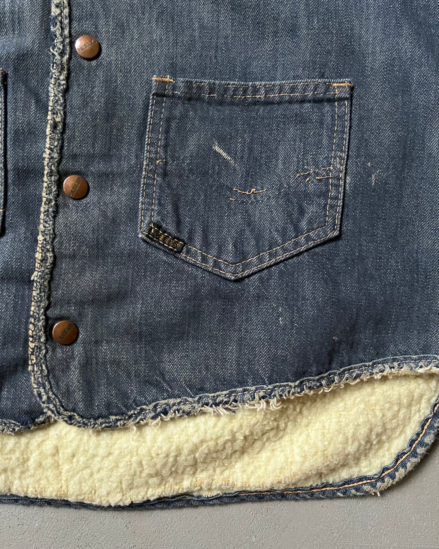 1970s - Distressed Roebucks Sherpa Denim Vest - M