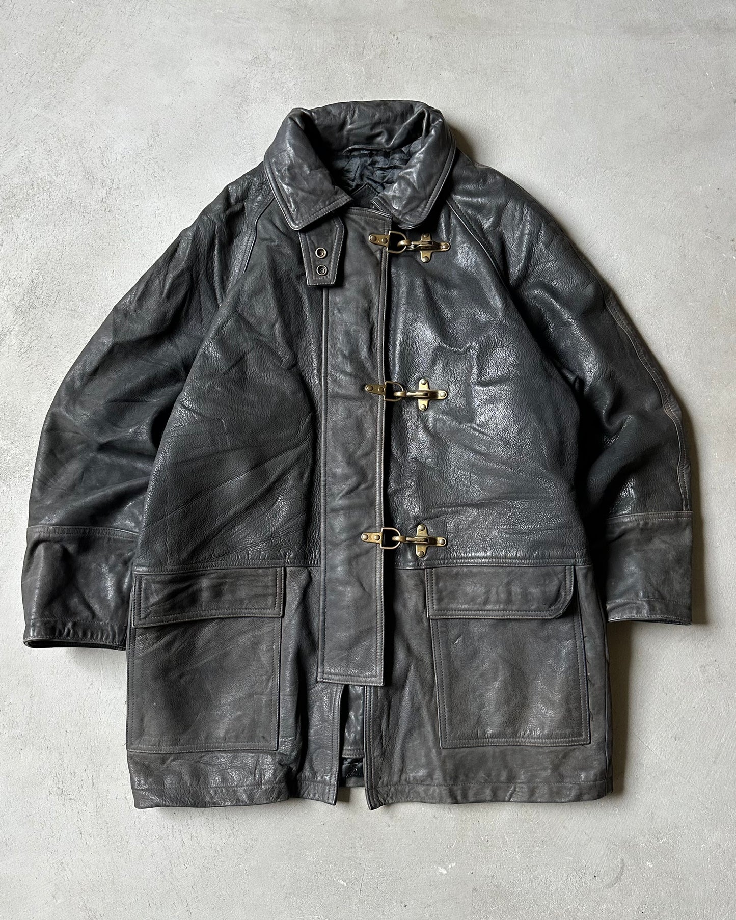 Années 90 - Manteau de Pompier en Cuir Noir - S