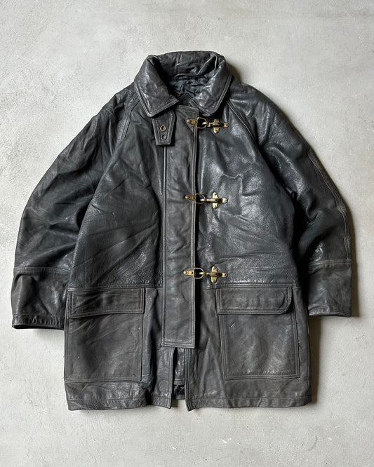 1990s - Black Fireman Leather Coat - S