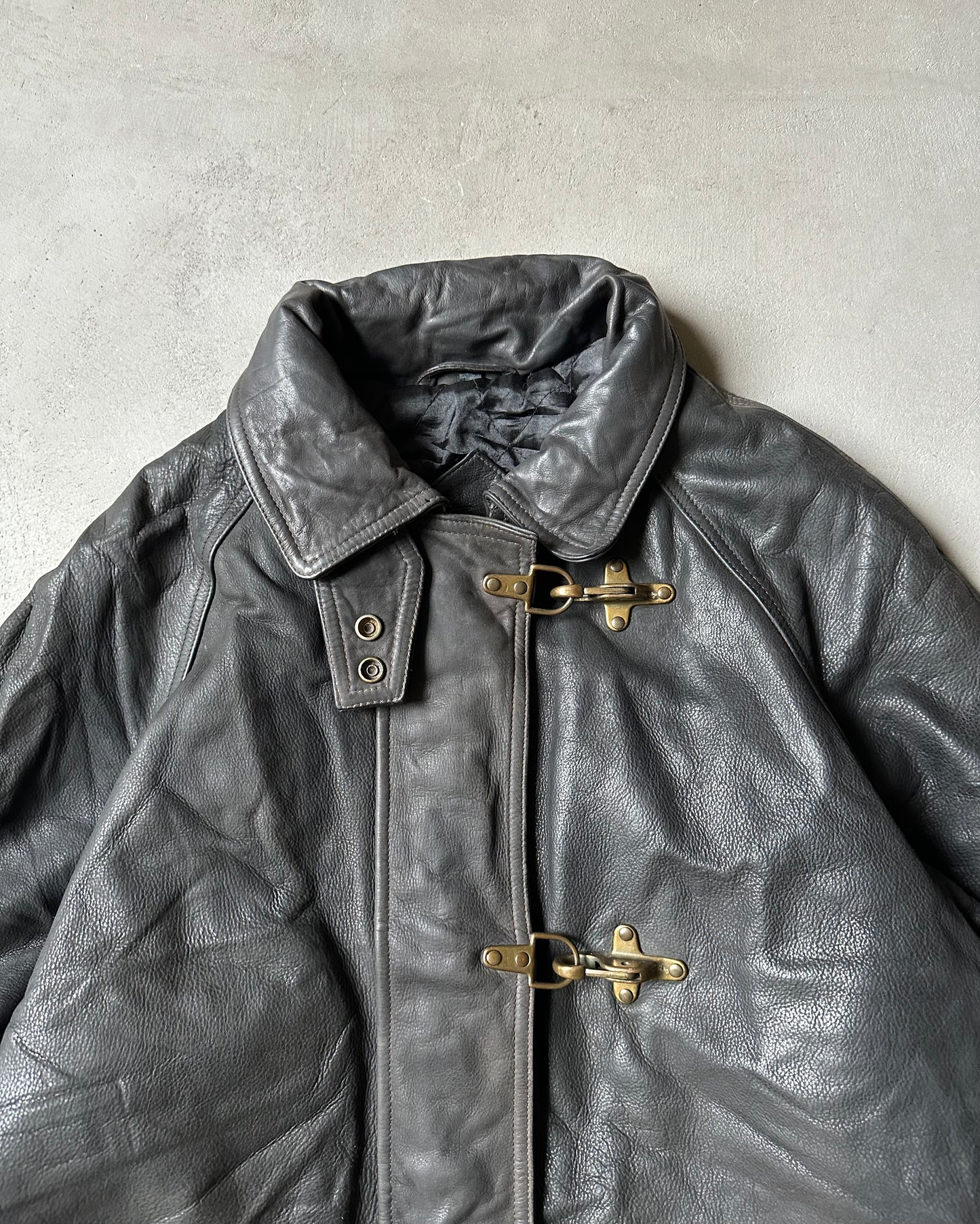 Années 90 - Manteau de Pompier en Cuir Noir - S