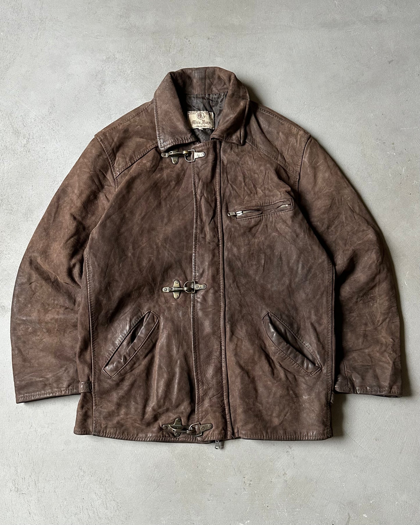 Années 80 - Manteau en cuir de pompier marron - T/M