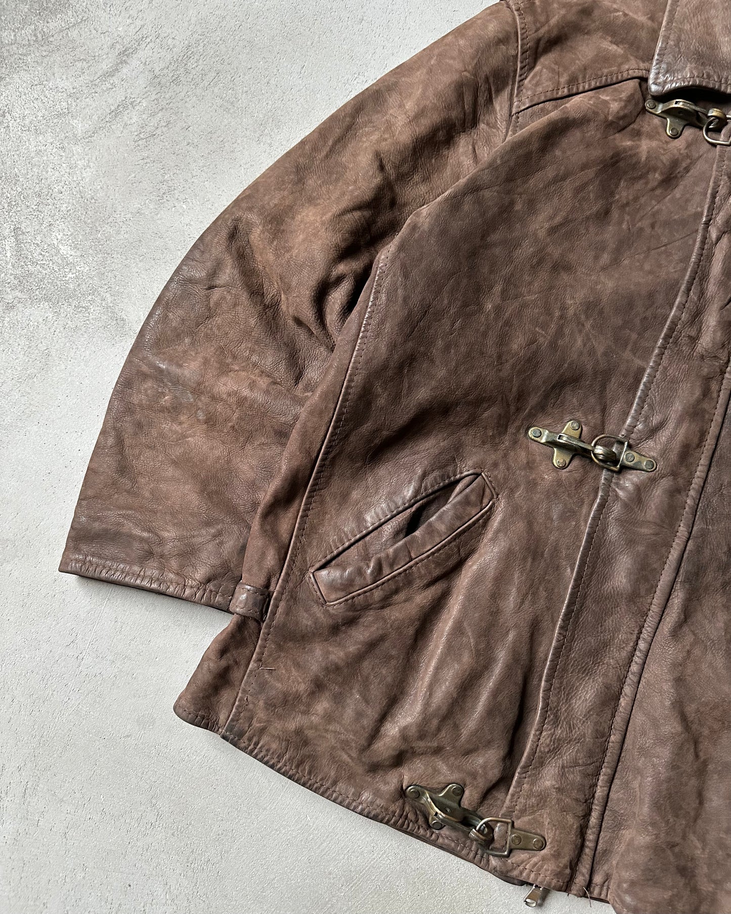 Années 80 - Manteau en cuir de pompier marron - T/M