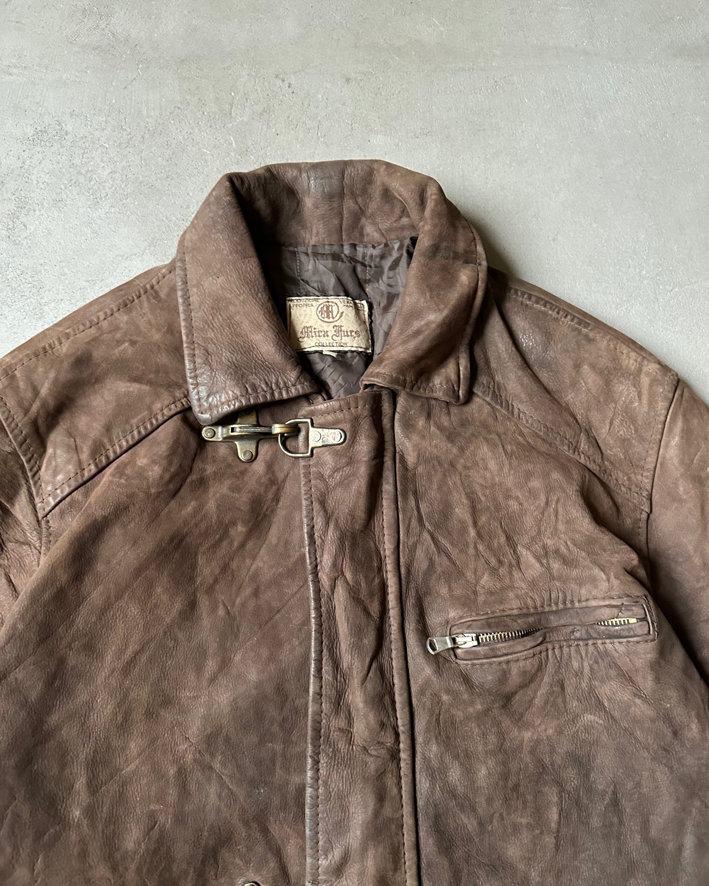 Années 80 - Manteau en cuir de pompier marron - T/M