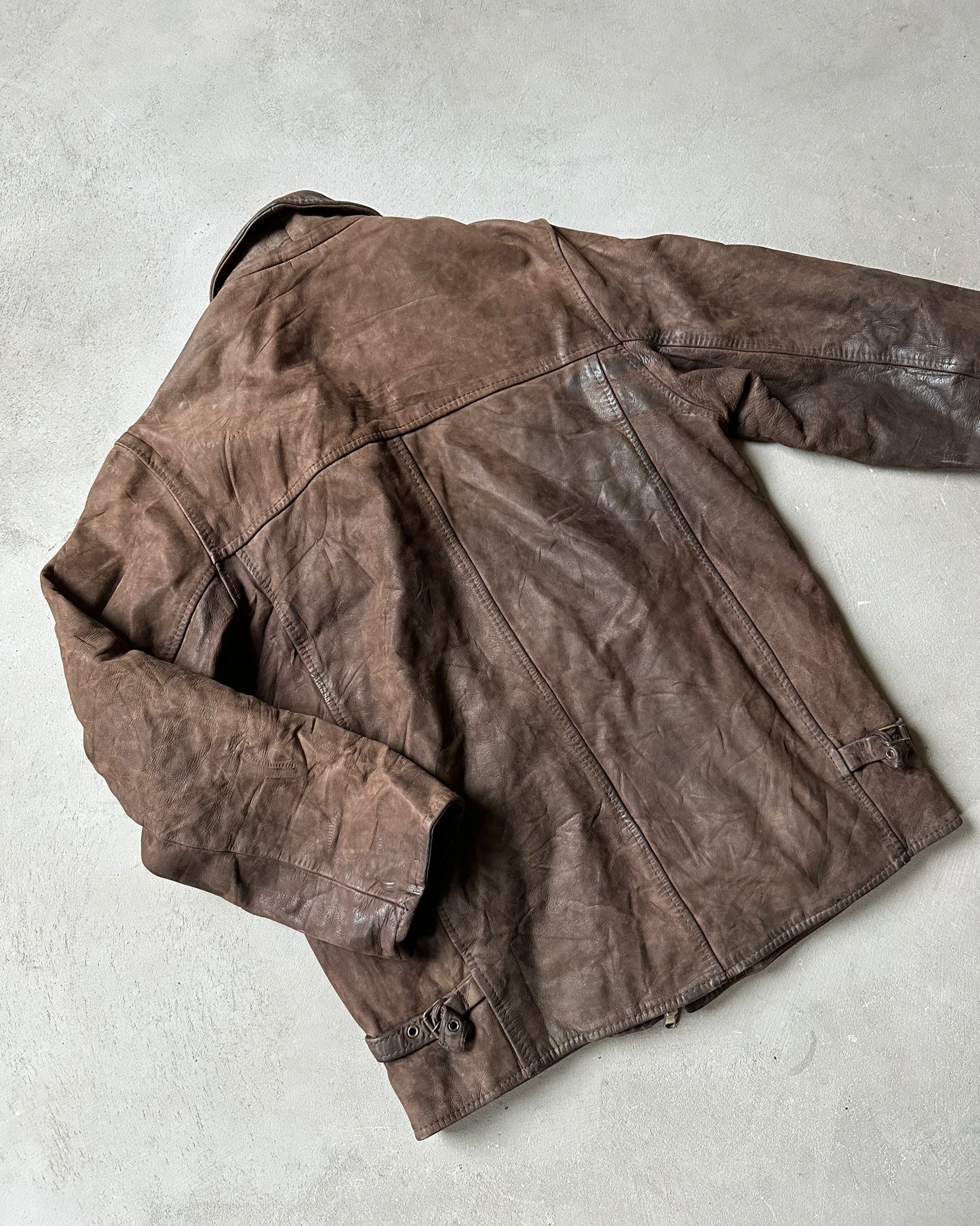 Années 80 - Manteau en cuir de pompier marron - T/M