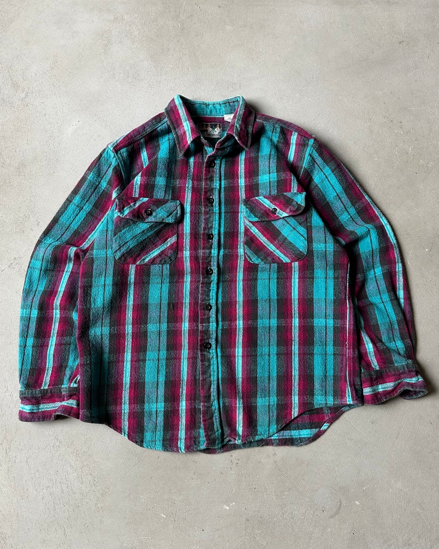 1990s - Turquoise/Pink Plaid Flannel - S/M