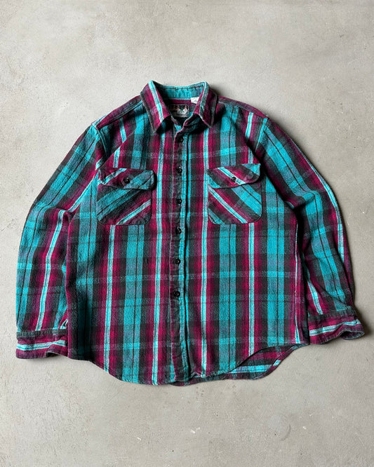 1990s - Turquoise/Pink Plaid Flannel - S/M