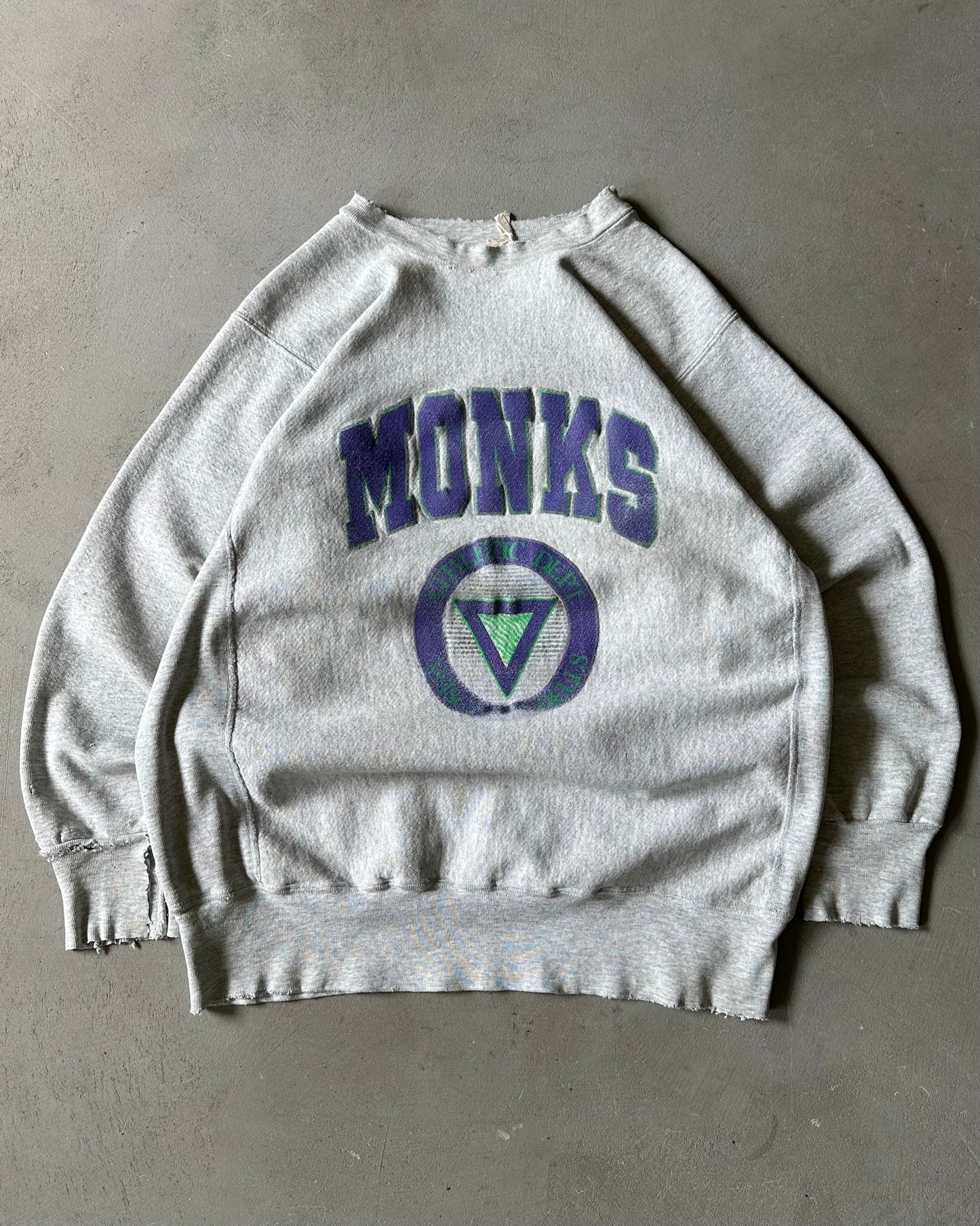 1980s - Distressed Heather Grey Monks Crewneck - L