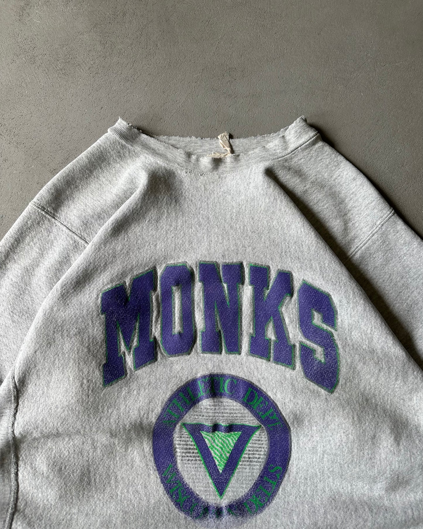 1980s - Distressed Heather Grey Monks Crewneck - L