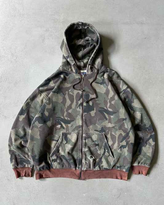1990s - Distressed Camo Thermal Zip-Up Hoodie - XL