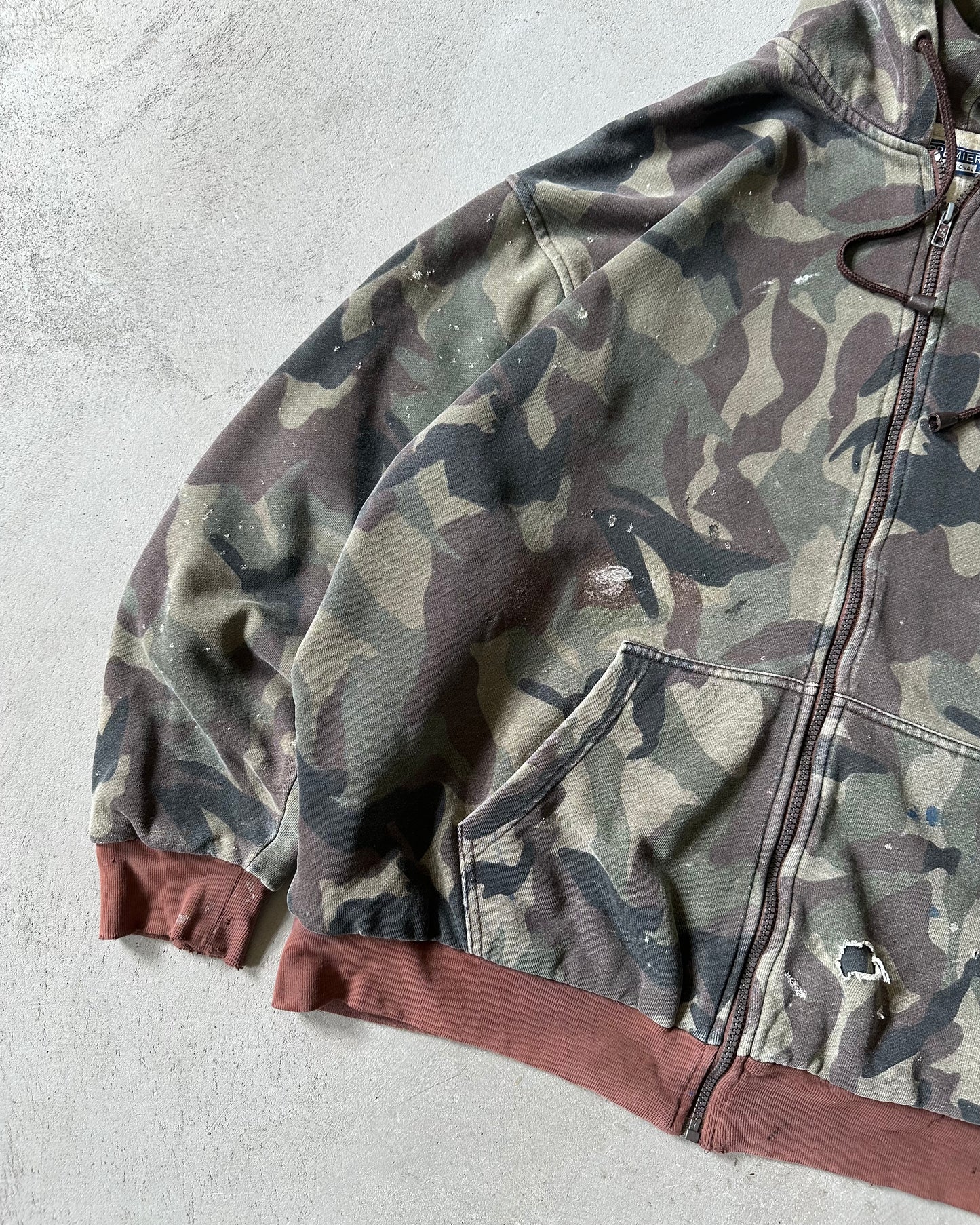1990s - Distressed Camo Thermal Zip-Up Hoodie - XL