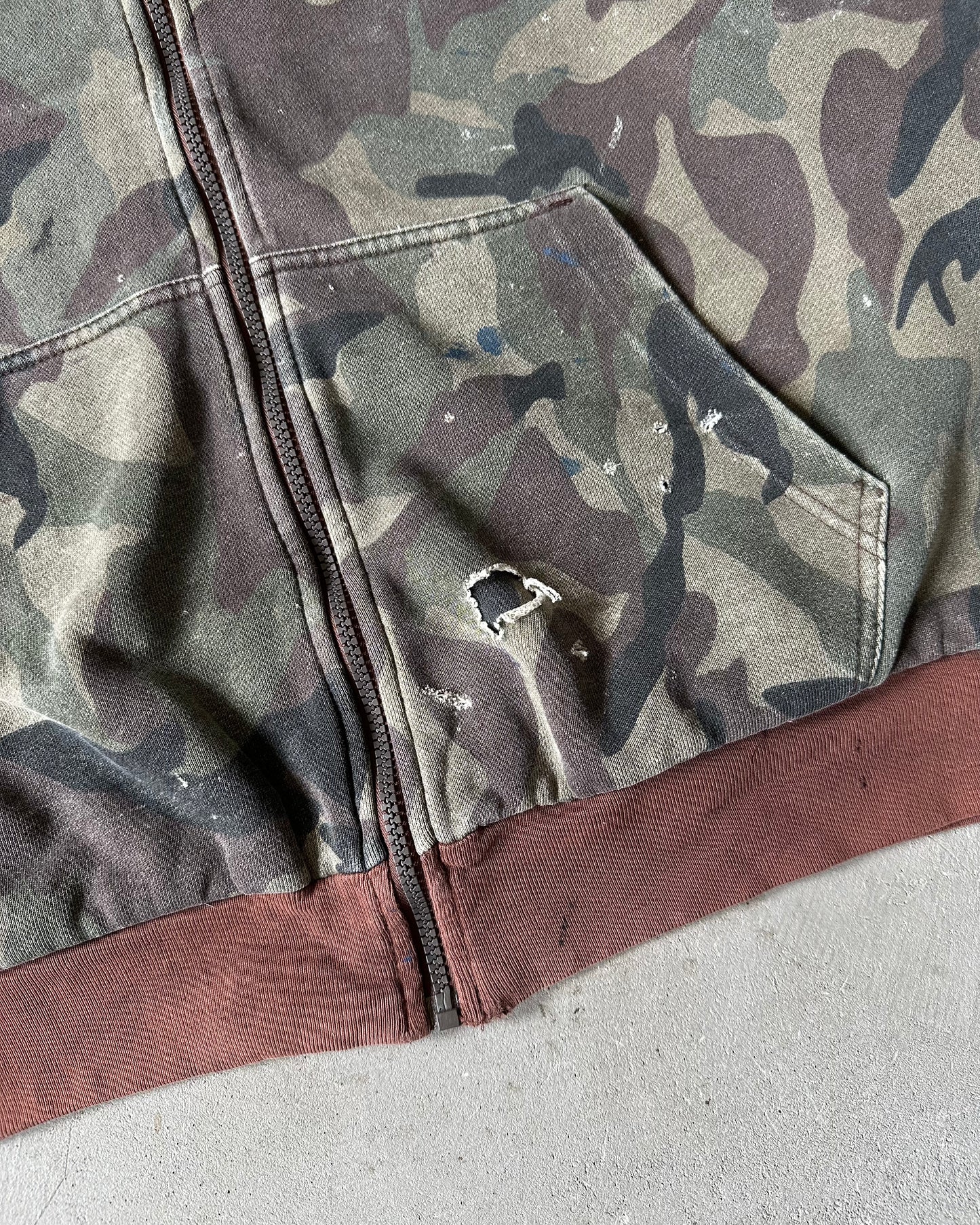 1990s - Distressed Camo Thermal Zip-Up Hoodie - XL