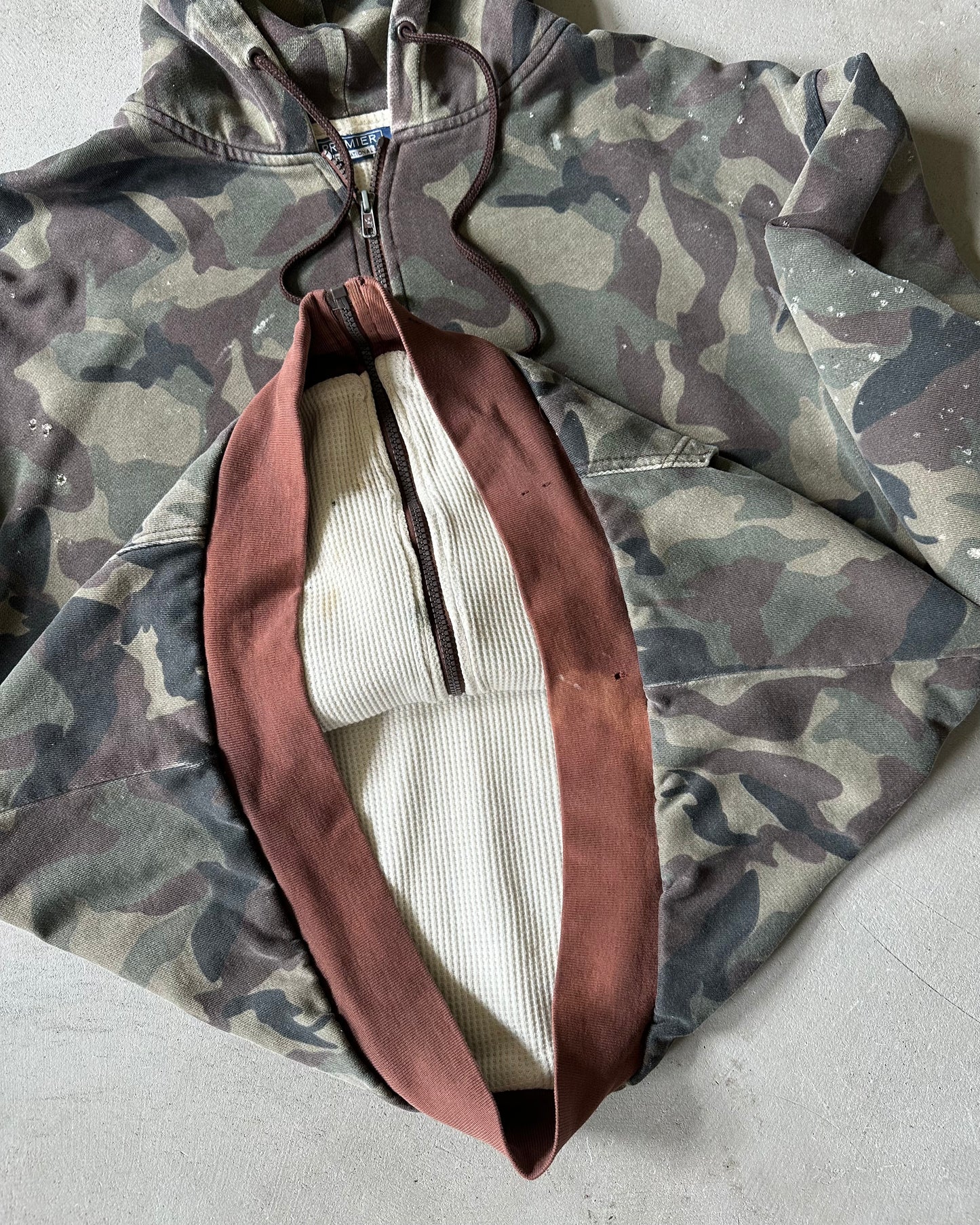1990s - Distressed Camo Thermal Zip-Up Hoodie - XL