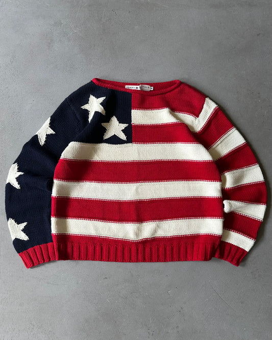 1990s - Red/Cream Tommy Hilfiger USA Flag Sweater - (W)M