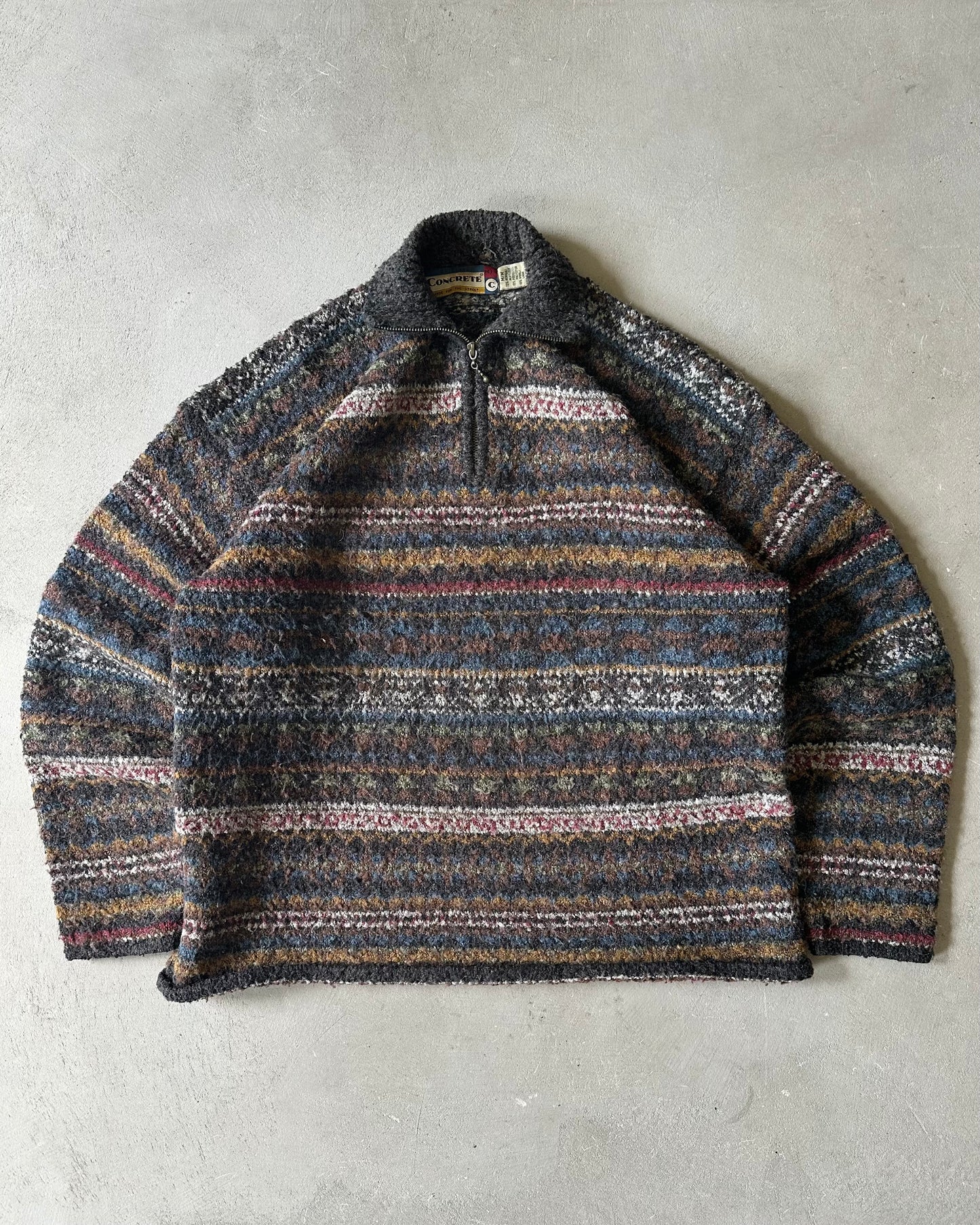 1990s - Charcoal/Multi 1/4-Zip Knitted Sweater - M
