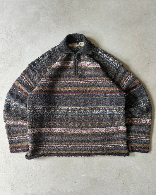1990s - Charcoal/Multi 1/4-Zip Knitted Sweater - M
