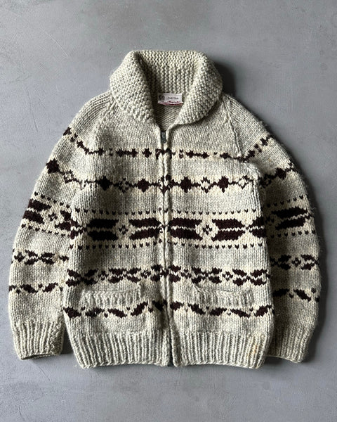 1970s - Cream/Brown Cowichan Wool Sweater - M
