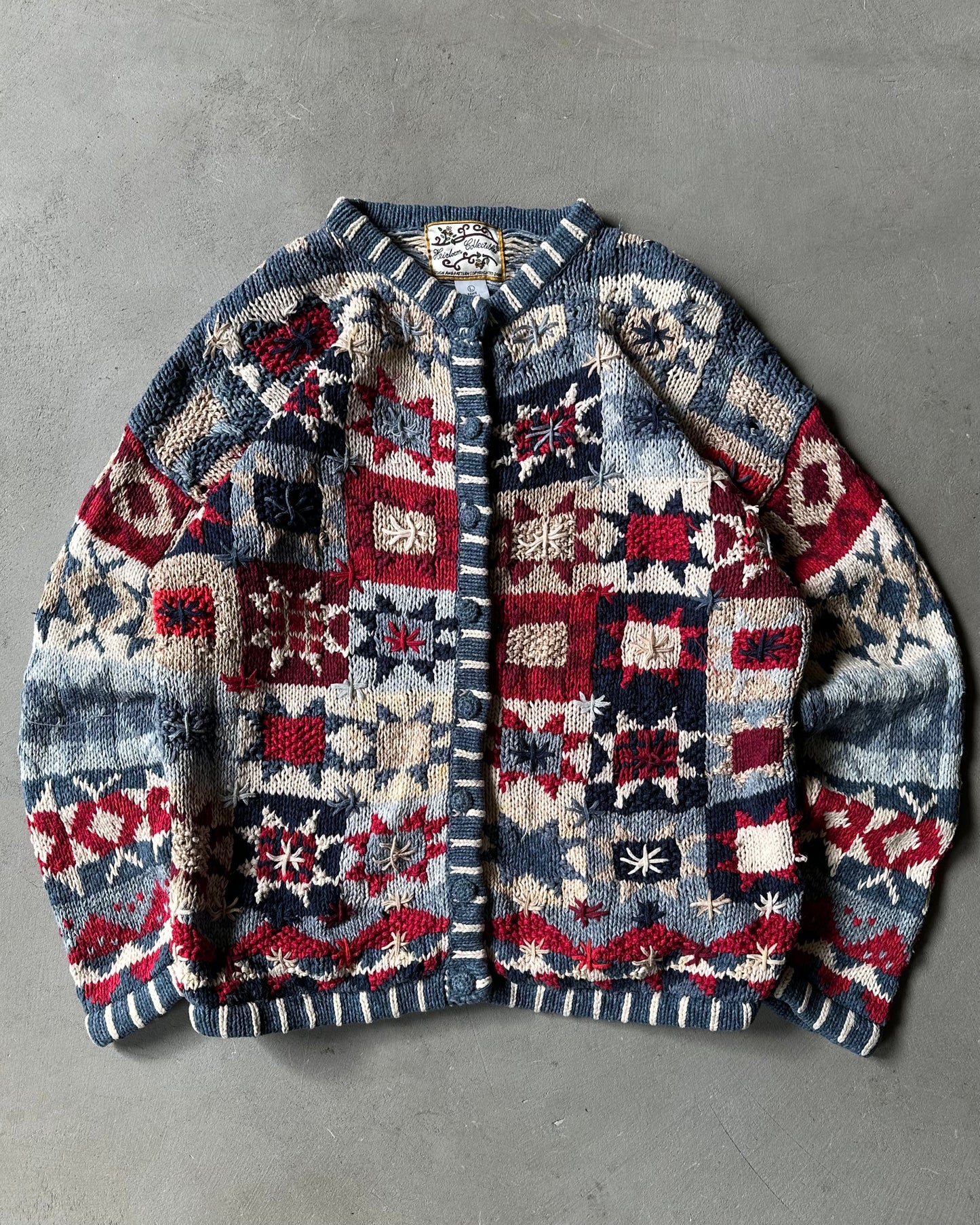 1990s - Distressed Blue/Red Patchwork Cardigan - (W)M/L